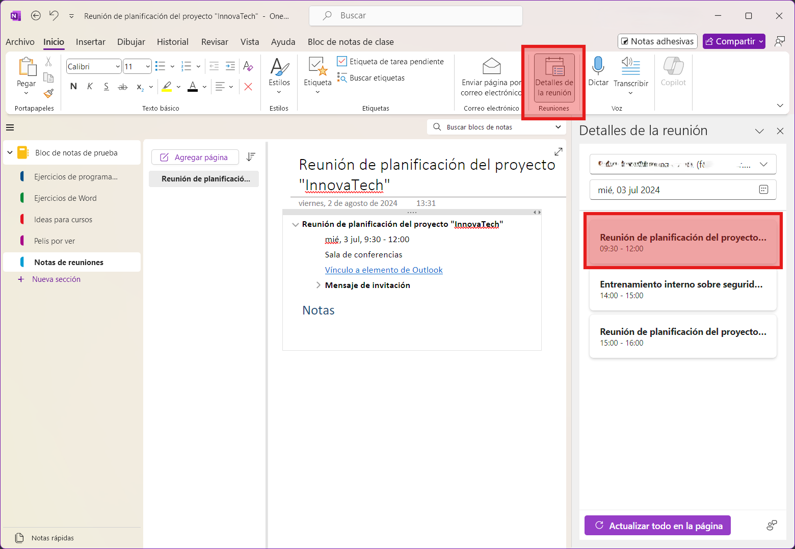 Captura de pantalla de OneNote mostrando la integración con el Calendario de Outlook